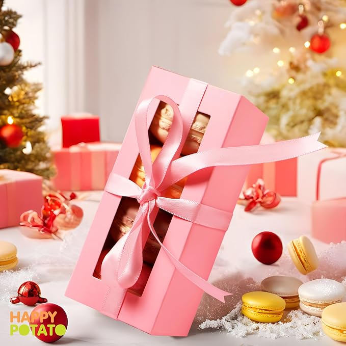 HAPPY POTATO 30 Pack Macaron Boxes for 4 or 5, 4×1.9×1.9 Inches, Macaron Packaging Boxes, Pink Macaron Box with Clear Window, Macaron Container Gift Boxes with Ribbon