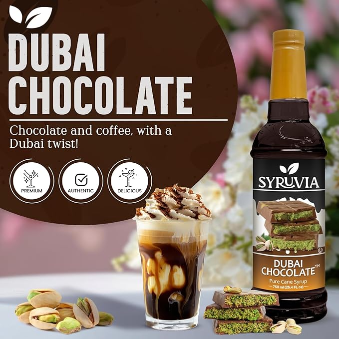 Syruvia Dubai Chocolate Coffee Syrup - 25.4 fl oz - Kosher Syrups, Gluten Free, No Coloring, Perfect for Drinks, Soda, Shakes, Desserts, and More.