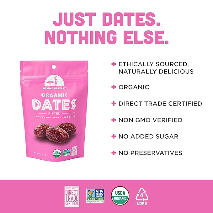 Mavuno Harvest Pitted Dates Dried Fruit Snacks | Organic Dried Dates | Healthy Snacks for Kids and Adults| Deglet Noor Dates | No Sugar Added, Vegan, Non GMO | Resealable 4 Ounce Bags, Pack of 3