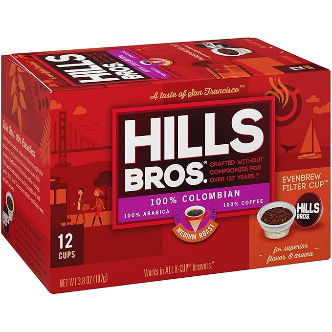 Hills Bros Single Serve Coffee Pods, 100% Colombian Ground Coffee, Medium Roast, 12 Count – Keurig Compatible, Roasted 100% Arabica Beans, Smooth Balanced Flavor