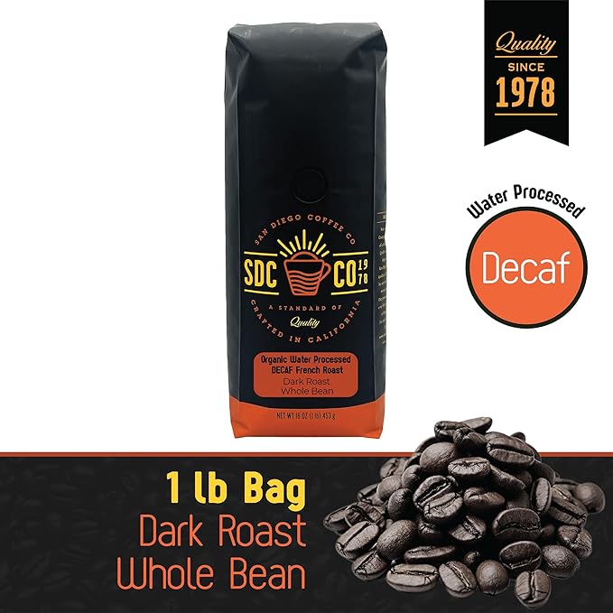 San Diego Coffee Organic French Roast DECAF, Dark Roast, Whole Bean Coffee, 16-Ounce Bag Café en grano tostado descafeinado
