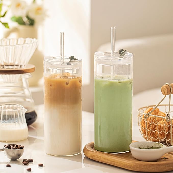 KEMORELA 6-Pack 18oz Ribbed Glass Cups with Lids & Straws – Round Textured Drinking Glasses for Iced Coffee, Bubble Tea, Juice & Smoothies – Reusable Clear Tumblers with Leakproof Lids & Straws