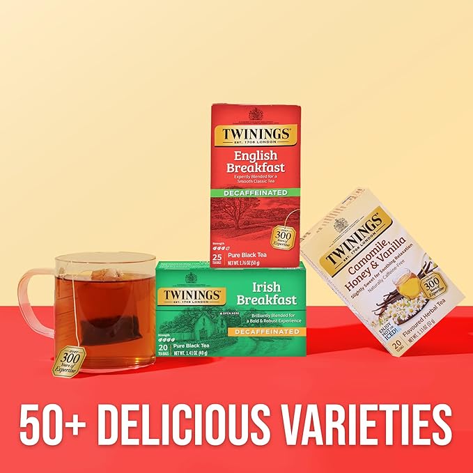 Twinings Decaffeinated English Breakfast Black Tea Individually Wrapped Bags, 25 Count (Pack of 6), Flavourful, Robust, Enjoy Hot or Iced, 150 Teabags