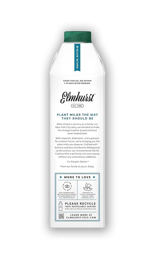 Elmhurst 1925 Vanilla Cashew Milk Unsweetened - 32 Ounce (Pack of 6) Dairy-Free, Vegan, Kosher, Shelf Stable Milk Made with Vanilla, Water & Cashew for Healthier, Simpler Plant-Based Alternatives