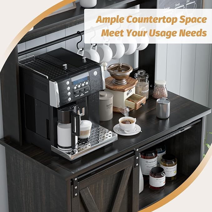 4ever2buy Farmhouse Coffee Bar Cabinet with Hutch, 50 Inch Coffee Bar Hutch with Sliding Barn Door & 6 Hooks for Living Dining Room, Dark Oak