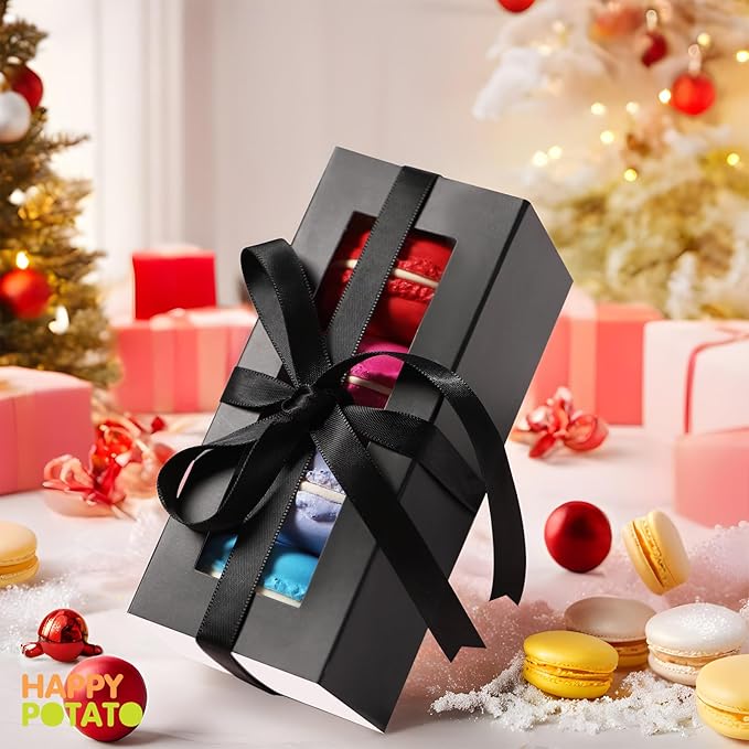HAPPY POTATO Macaron Boxes for 4 or 5, 4×1.9×1.9 Inches, Macaron Packaging Boxes, Pink Macaron Box with Window, Macaron Container Gift Boxes with Ribbon
