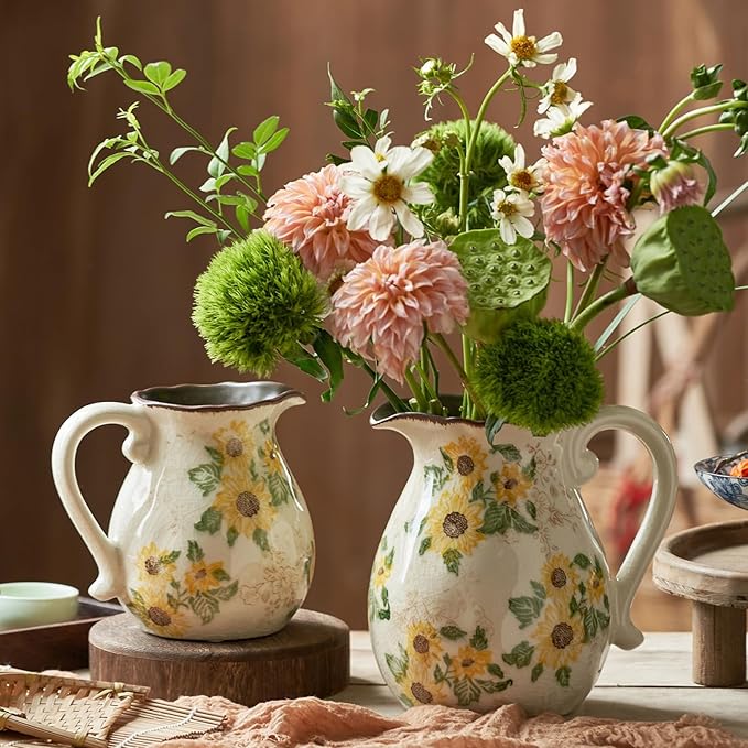 Vintage Vase with Handle, 6 Inch Ceramic Pitcher Sunflower Floral Vase, Rustic Farmhouse Vases for Grandma Core Home Decor, Bookshelf Office Tuscan Decor (Small Teapot)