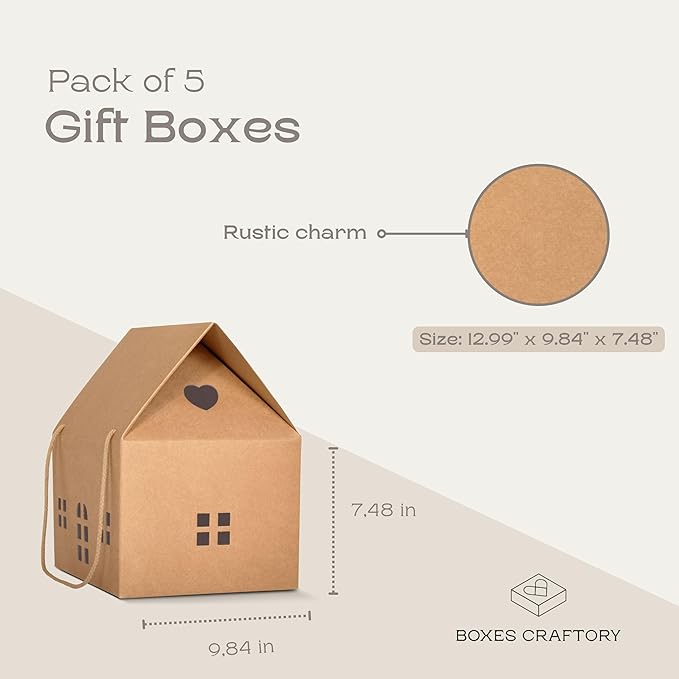 Boxes Craftory Set of 5 House Shaped Gift Boxes (12.99 x 9.84 x 7.48 inch) - Mansion Boxes Ideal for Home Gifts, House Interior Decorations and Bakery Boxes with Window | Havana