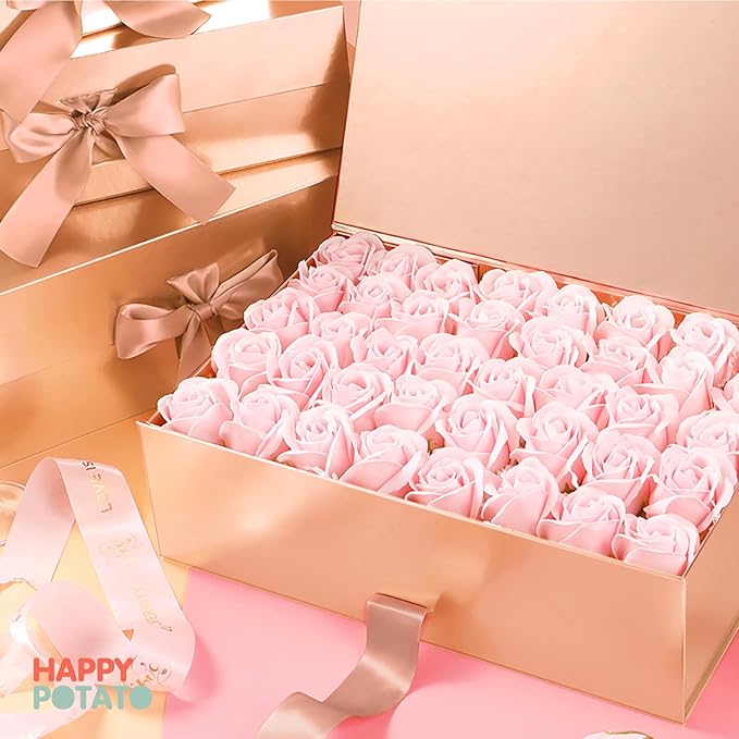 HAPPY POTATO Large Gift Box with Lid and Ribbon 13.5x9x4.1 Inches, Bridesmaid Proposal Boxes, Rose Gold Gift Boxes for presents (Glossy Rose Gold)