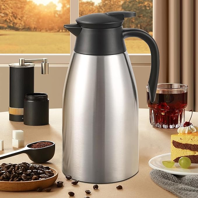 68oz Thermal Coffee Carafe, 2 Pack Airpot Insulated Coffee Urns Stainless Steel Vacuum Thermal Pot Dispenser for Coffee, Hot Water, Tea, Hot Beverage - Keep 12 Hours Hot, 24 Hours Cold (Silver,Silver)