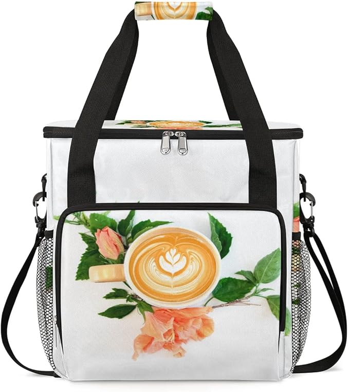 coffee beans cup flower Coffee Maker Carring Bag Travel Carrying Storage Tote Bag Compatible with Keurig K-Mini or K-Mini Plus Portable Single Serve Coffee Brewer Case with Pockets for K-cup Pods