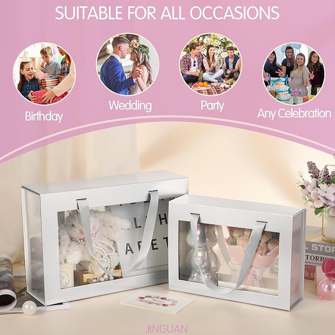 Large Silver Clear Gift Box, 13.5x9x4.1 Inches Gift Box with Window by Handle, Bridesmaid Proposal Box, Collapsible Gift Box with Magnetic Closure (Glossy Silver, 1 Pack)