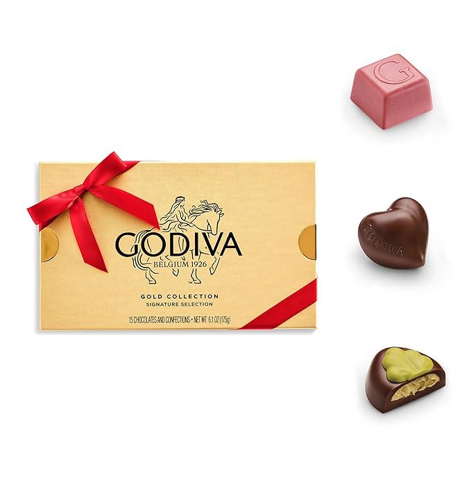Godiva Red Bow Gold Assorted Chocolate Gift Box, Belgian Dark and Milk Chocolates with Pralinés, Ganaches & Caramels, Gourmet Holiday Gift, Non-GMO & Kosher, 15 Pc