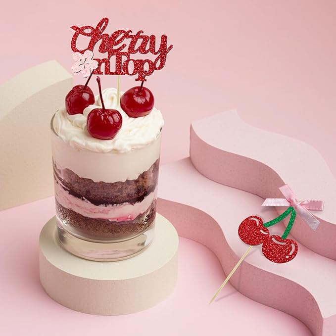 24 Pack She's the Cherry On Top Cupcake Toppers, Glitter Cherry Sweet Cake Pick for Fruits Theme Baby Shower and Bridal Shower Decorations Supplies (Ribbon Top)