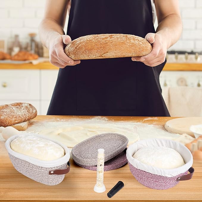 Stackable Cotton Banneton Proofing Basket Set, With Pro Sourdough Aliquot Jar for Rise Tracking – 2-Pack Bread Baskets (Round + Oval), Sourdough Baking Kit for Home Bakers