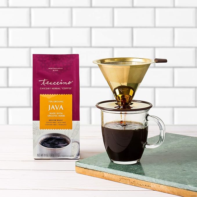 Teeccino Java Chicory Coffee Alternative - 11 Ounce - Ground Herbal Coffee That’s Prebiotic, Caffeine Free & Acid Free, Medium Roast