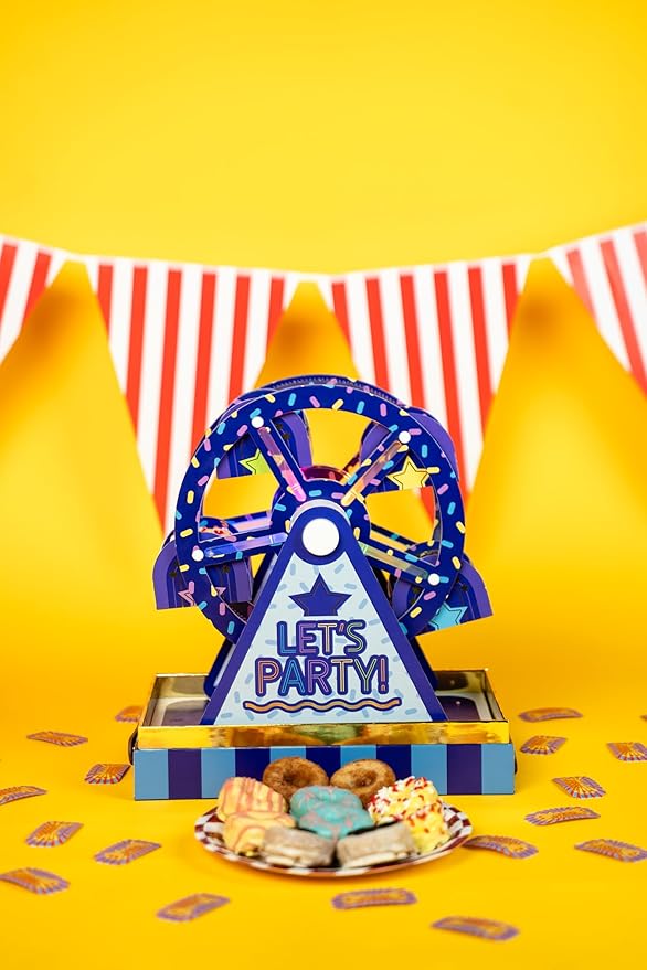 Party Time Mini Donut Ferris Wheel Box by Send A Cake – Ready to Gift, No Assembly Needed – 10 Mini Cake Donuts, Spins, Lights & Music – Fun Birthday & Celebration Gift for Women, Men, Adults, Kids