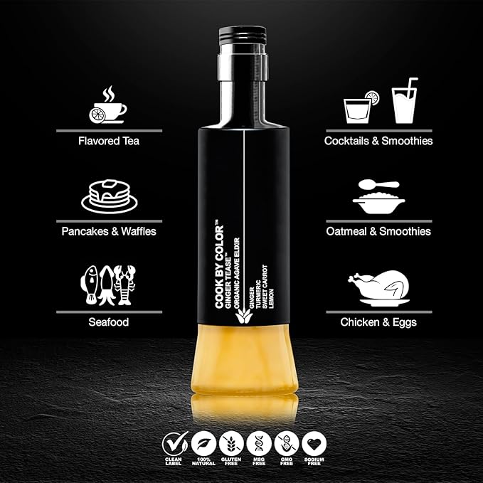 Cook by Color: Ginger Tease, Flavored Organic Agave Syrup Liquid Sweetener, Light Agave Nectar for Cocktails, Teas, Coffee, Smoothies & Cooking, Vegan, Low Carb, 350 ml Bottle, 11.8 fl oz
