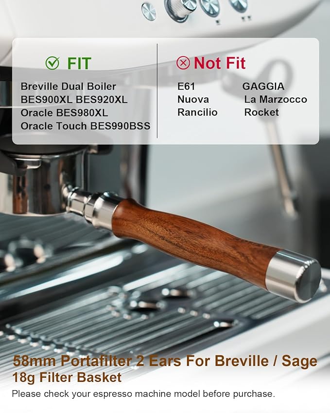 Bottomless Portafilter 58mm Fit Breville, 2 Ears Slim Naked Portafilter Fits Breville Espresso Machines BES900XL, BES920XL, BES980XL, BES990BSS with 18g Double Shot Filter Basket, Puck Screen-Rosewood