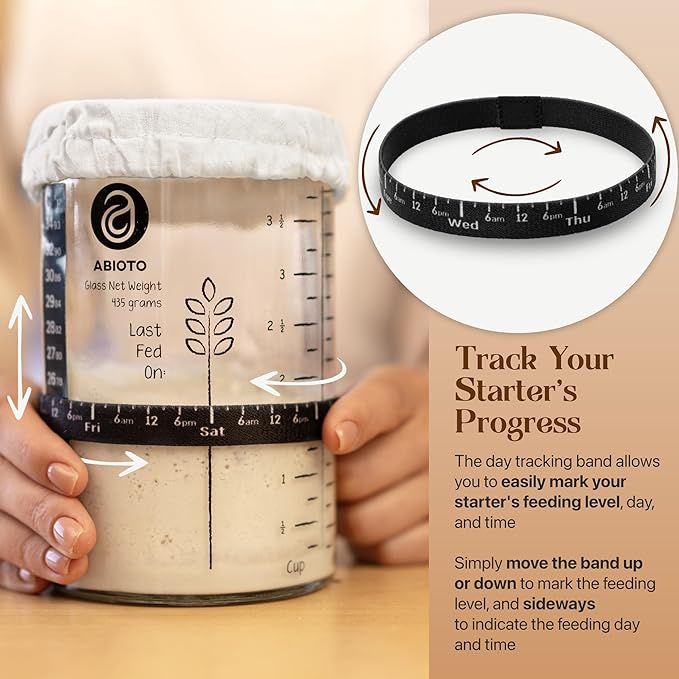 Sourdough Proofing Basket and Starter Jar Kit – 2.2 LB Round Wood Pulp Banneton with Grooved Pattern (Made in Germany) and 34 oz Sourdough Starter Jar, Thermometer Strips & Spatula –Bread Proofing Set