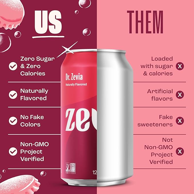 Zevia Zero Sugar Soda, Dr. Zevia, 12 oz Cans (24-Pack) – Naturally Sweetened, Zero Calorie Sugar Free Soda - Non-GMO Project Verified, Gluten-Free, Vegan