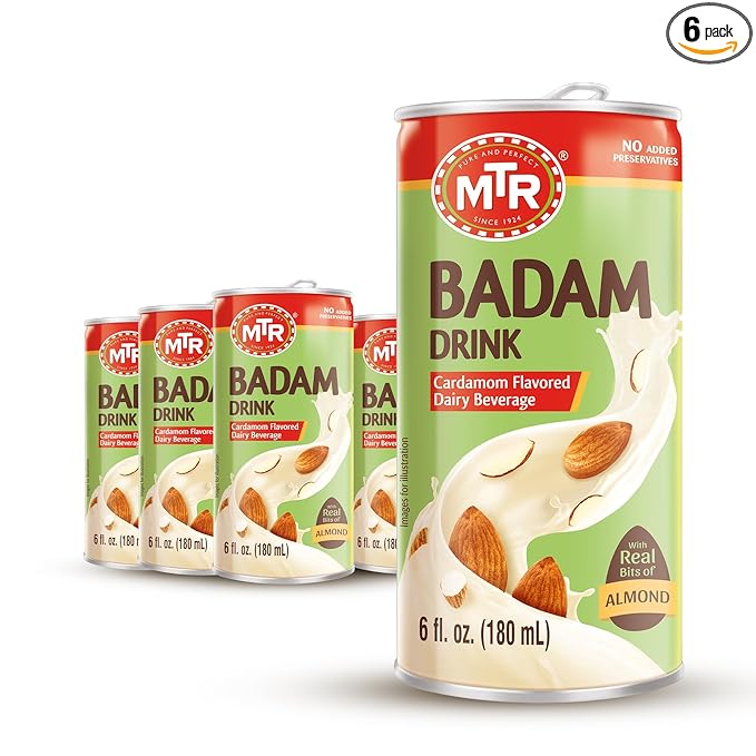 MTR Badam Drink - Cardamom Flavored, Ready-to-Drink - Authentic Indian Almond Milk Beverage, Real Bits of Almond, No Added Preservatives, Gluten-Free, Refreshing Drink, Perfect for Anytime Refreshment, Pack of 6