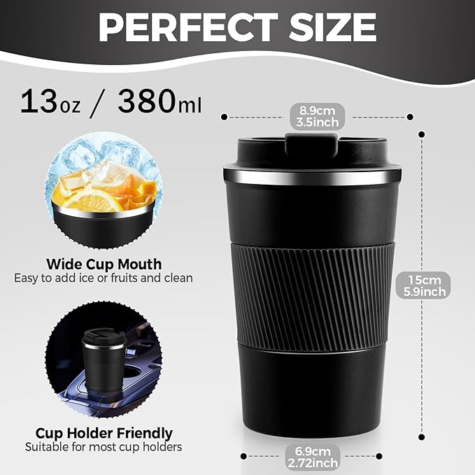 Volhoply 13 oz Stainless Steel Insulated Travel Coffee Mug with Fip Lid,Reusable Double Wall Vacuum Metal Coffee Cup,Portable to Go Leak Proof Cafe Thermal Tumbler for Hot & Cold Drinks(Black,1)
