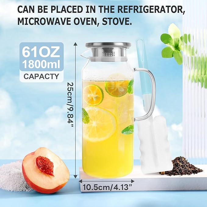 Yirilan Glass Pitcher, 1.8 Liter Water Pitcher with Lid, Beverage Pitchers for Hot, Cold Water, Iced Tea and Juice Drink with Cup Brush