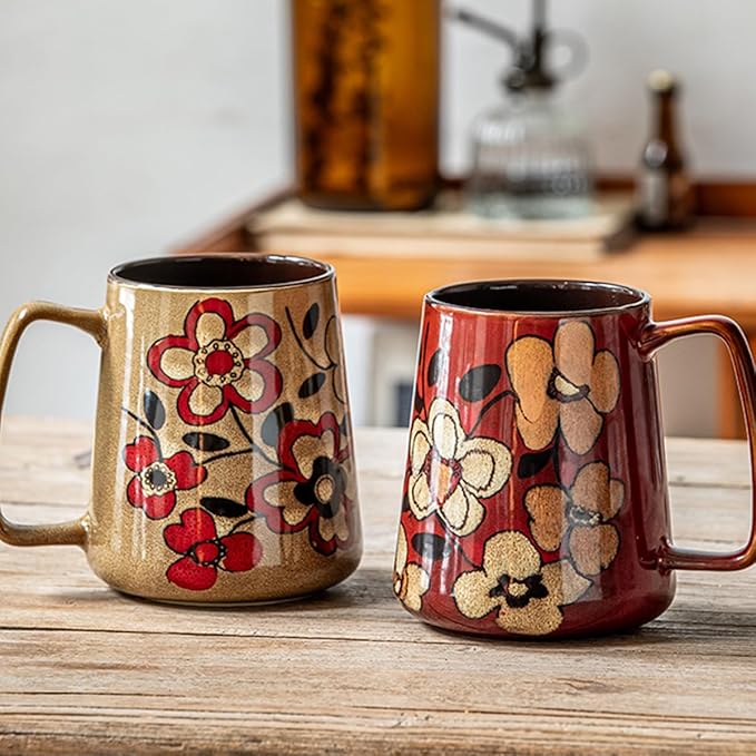 Large 24 oz Ceramic Coffee Mug with Handle, Vintage Floral Coffee Cup, Extra Big Tea Cup for Office and Home, Dishwasher and Microwave Safe, Khaki with Red Flower