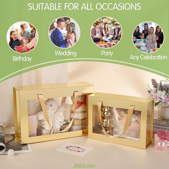 Large Gold Clear Gift Box, 13.5x9x4.1 Inches Gift Box with Window by Handle, Bridesmaid Proposal Box, Collapsible Gift Box with Magnetic Closure (Glossy Gold, 1 Pack)