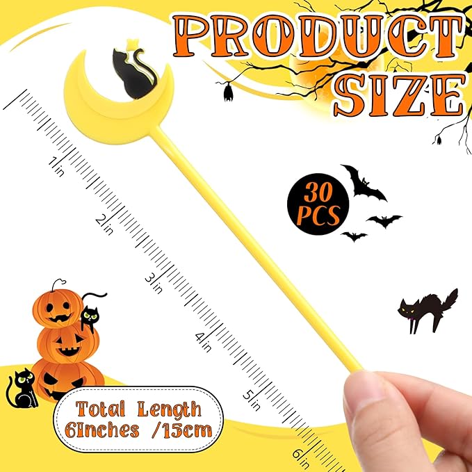 30 Pcs Halloween Swizzle Sticks Plastic Coffee and Cocktail Stirrers Fall Thanksgiving Drink Stirrers Cocktail Mixers for Halloween Fall Autumn Party Tea Coffee Bar Decoration(Moon and Cat)