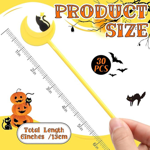 30 Pcs Halloween Swizzle Sticks Plastic Coffee and Cocktail Stirrers Fall Thanksgiving Drink Stirrers Cocktail Mixers for Halloween Fall Autumn Party Tea Coffee Bar Decoration(Moon and Cat)