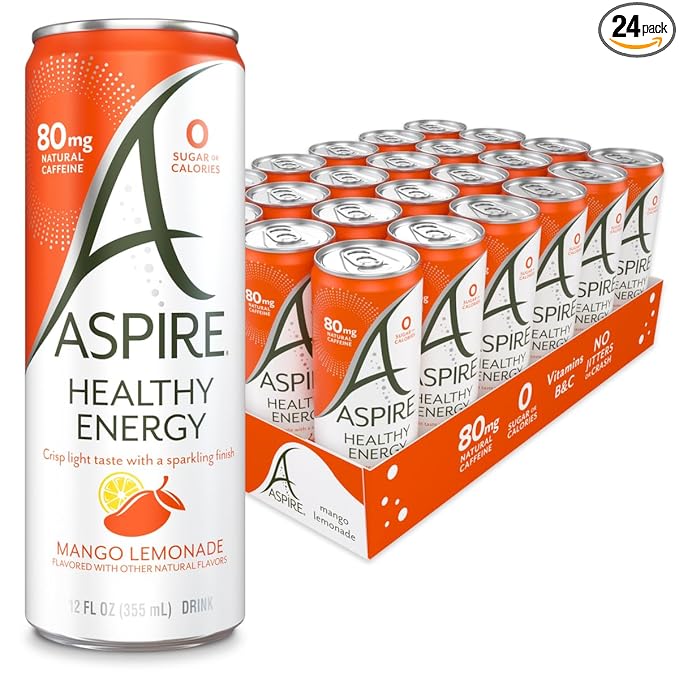 ASPIRE® Mango Lemonade, Healthy Energy Drink 80mg Natural Caffeine, Zero Sugar No Carbs Keto Friendly, 24 Pack Green Tea Sugar Free Drink Low Caffeine Zero Calorie