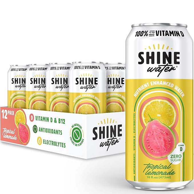 ShineWater Tropical Lemonade Vitamin D Electrolyte Drink | Zero Sugar Hydration Beverage with Magnesium, Zinc & Antioxidants | Low Calorie Plant-Based Vitamin Water | 12 Pack