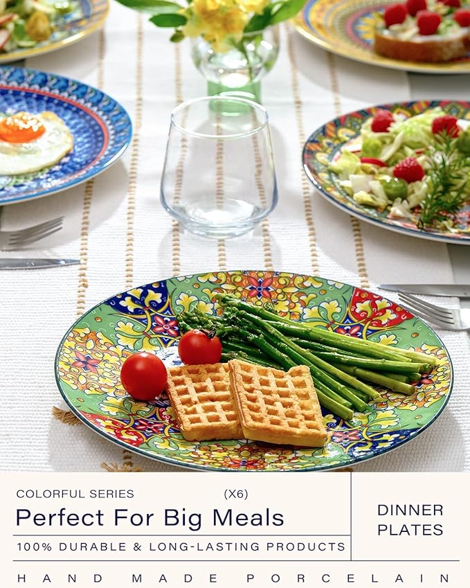 getstar Dinner Plates Set of 6, 10.5 Inch Ceramic Plates, Microwave, Oven and Dishwasher Safe, Colorful Bohemian Style Dishes for Kitchen