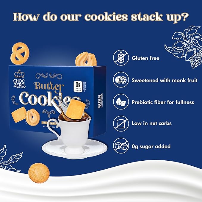ChocZero Keto Butter Cookies, Sugar Free Danish Shortbread, Gluten Free, Low Carb, High Fiber, 8 oz Box