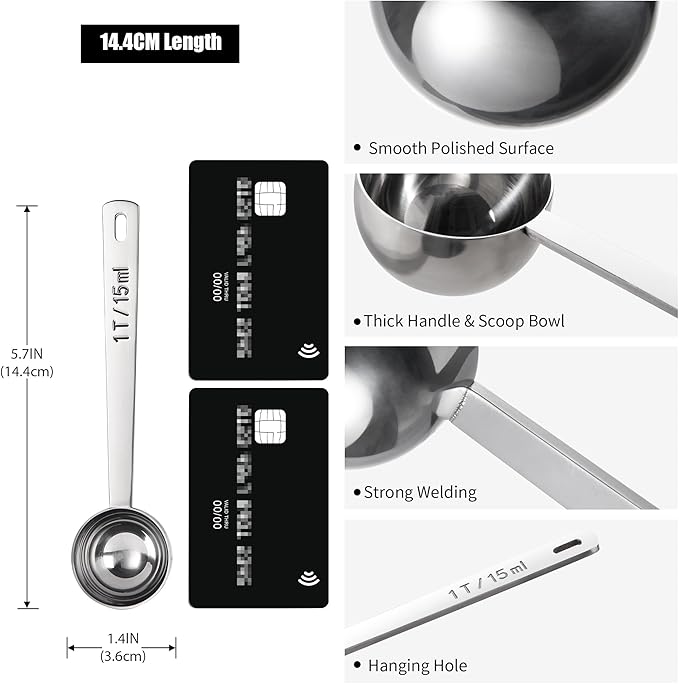 18/8 Stainless Steel Coffee Scoop, Doosu Food-Grade Metal Measuring Spoon with 4.3in Long Handle, Tablespoon Scooper for Coffee Beans, Ground Coffee, Espresso, Protein Powders, Tea, Sugar (1 Tbsp)