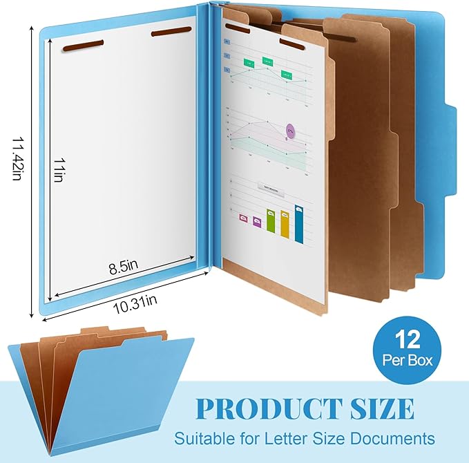12 Pcs Classification Folders Letter Size, Back to School Supply for Teacher, Student, 3 Dividers Pressboard File Folder Bulk with 2 Fasteners, 3.5 Inch Expanding File Organizer (Blue)