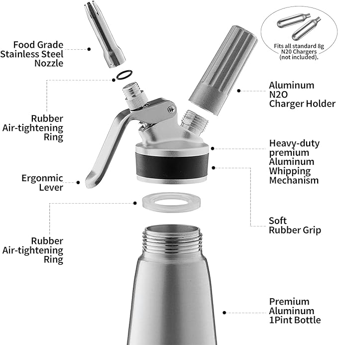 Professional Whipped Cream Dispenser, Durable Aluminum Cream Whipper with 2 Sets of Stainless Steel and Plastic Tips & Cleaning Brush,1-Pint / 500 ML