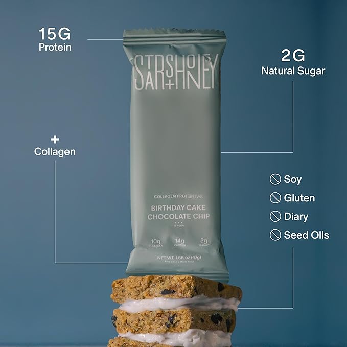 Stars + Honey Protein Bars- Birthday Cake Chocolate Chip, 15g Protein, 2g Sugar, w/Collagen Keto Friendly Snack - Gluten, Dairy, & Soy Free - High-Protein Snacks for Energy & Recovery-10 pack