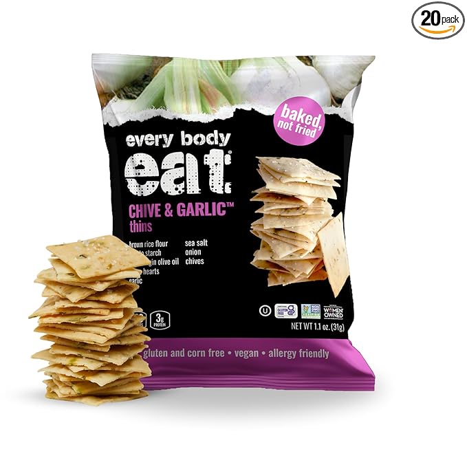 Every Body Eat Snack Thins, Gluten & Dairy Free, Vegan, School Safe Lunch Snacks, Chive & Garlic (20 Single Serve Bags, 1.1oz)