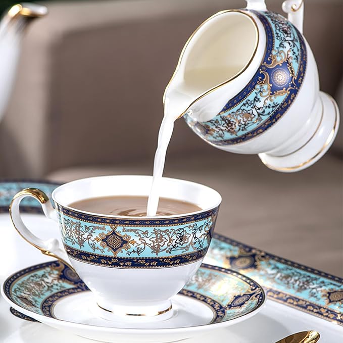 Euro Style Bone China Tea Set, 21 Piece Porcelain Tea Sets for 6 Adults, Bone China Tea Cup Set, Creamer Pitcher, Tea Set for Women Tea Party Set, Gift Package (21, Court)