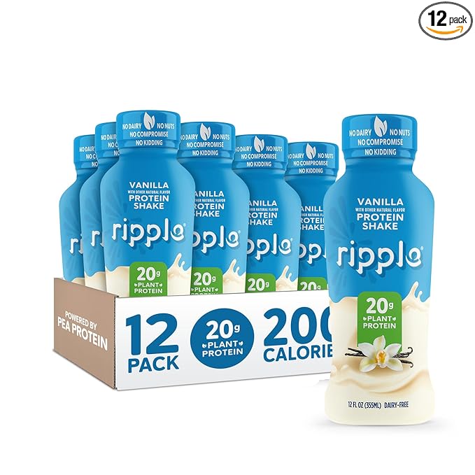 Ripple Vanilla Plant Based Protein Shake | 20g of Quality Sourced Pea Protein, Calcium & Iron Rich | Shelf Stable | Vegan & Non GMO | Dairy, Soy, Nut, & Gluten Free | 12 Fl Oz Bottles (Pack of 12)