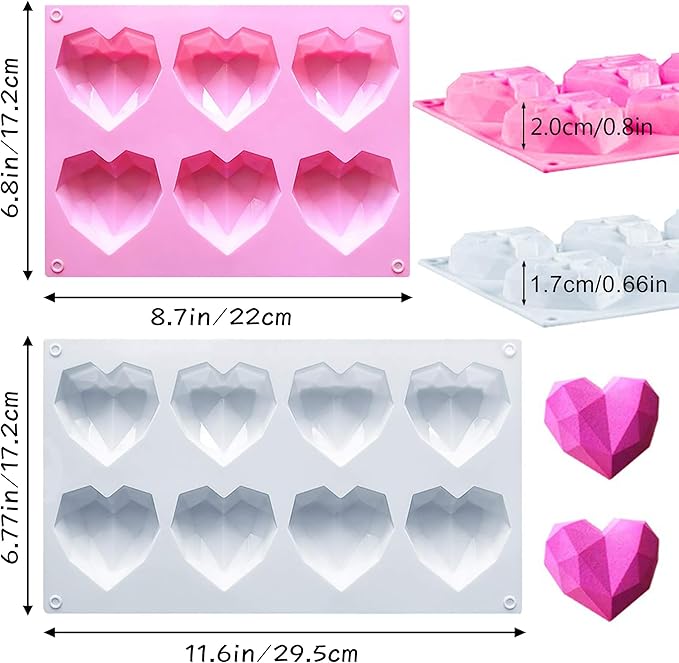 2 Pack Diamond Heart Silicone Mold, 8 Cavities & 6 Cavities Non-stick Easy Release Heart Shaped Silicone Mold Tray for Mousse Cake Dessert, Candy, Chocolate Mold