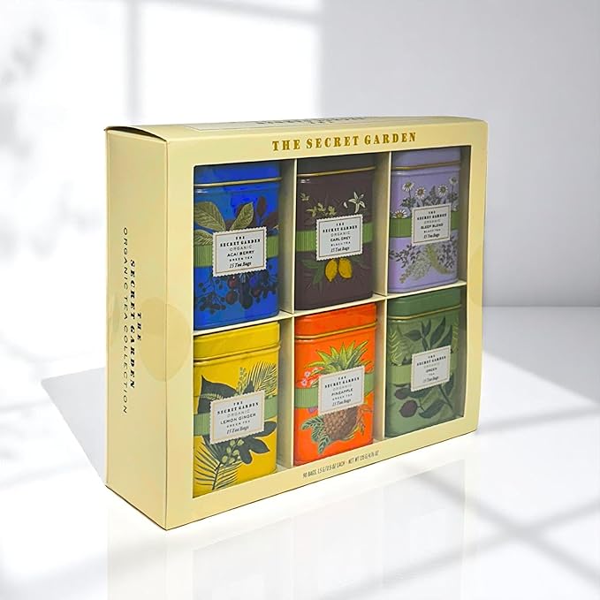 Organic Tea Sampler Gift Set 90 Bags in 6 Designer Tins Premium Assorted Flavors: Acai Berry, Earl Grey, Sleep Herbal, Lemon Ginger, Pineapple, Green Tea