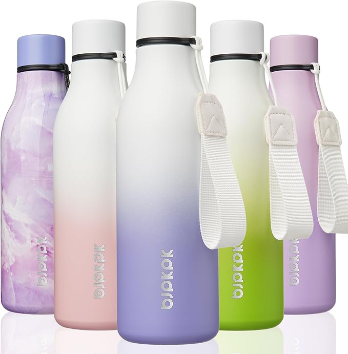 BJPKPK Insulated Water Bottles, 18 oz Stainless Steel Metal Water Bottle with Strap, BPA Free Leak Proof Thermos, Mugs, Flasks, Reusable Water Bottle for Sports & Travel, Lilac Elegance