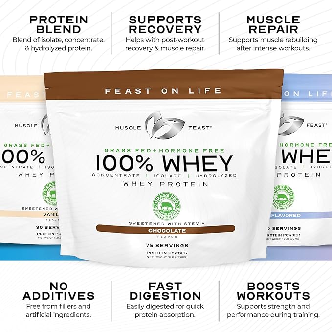 Muscle Feast 100% Grass Fed Whey Protein Powder, All Natural Hormone Free Paure Raised Whey Protein Powder for Women & Men- Whey Concentrate, Isolate & Hydrolyzed Protein Powder Blend- Unflavored, 2lb