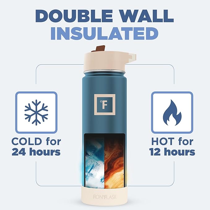 IRON °FLASK Camping & Hiking Hydration Flask with Straw Lid & Boot - Stainless Steel, Double Walled & Vacuum Insulated Water Bottle - Leak Proof & BPA Free (Azure Mist, Straw - 22 oz)