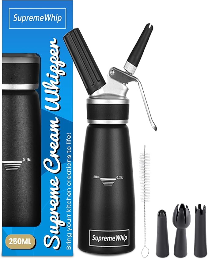 Pro Cream Dispenser, Durable High-Grip, Metal Lid with Rubber, 3 Nozzles, for Hot/Cold Use, Cleaning Brush Included, Black - 250ml/1 Pint