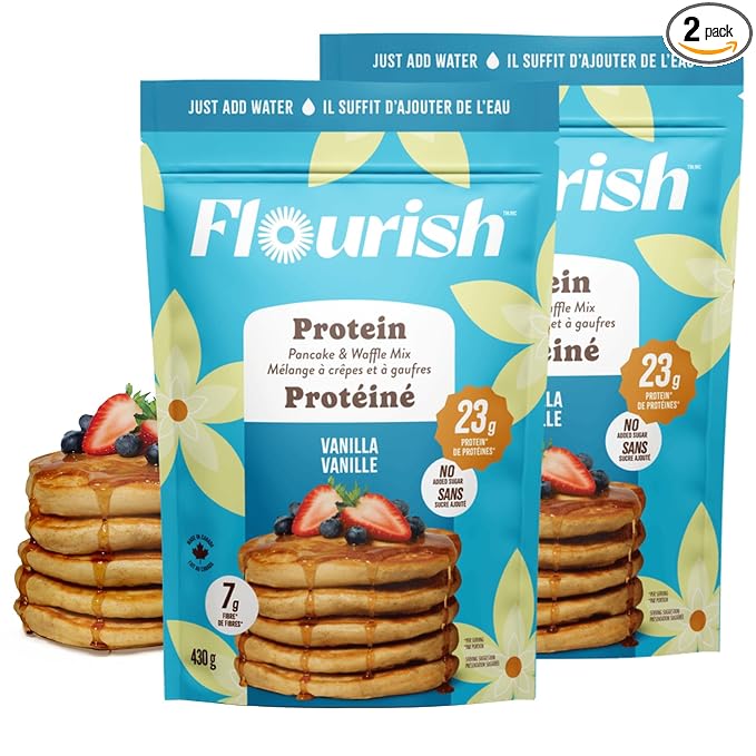 Flourish Protein Pancake & Waffle Mix, with Whey Protein & Flax Seed, No Added Sugar, High in Protein & Fiber - Just Add Water - Vanilla Flavour, 430g (2 Pack) - Made in Canada